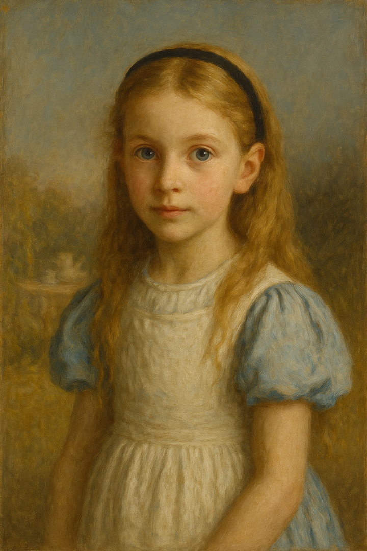 Alice in Wonderland: original AI portrait. An AI generated character, not the real person.