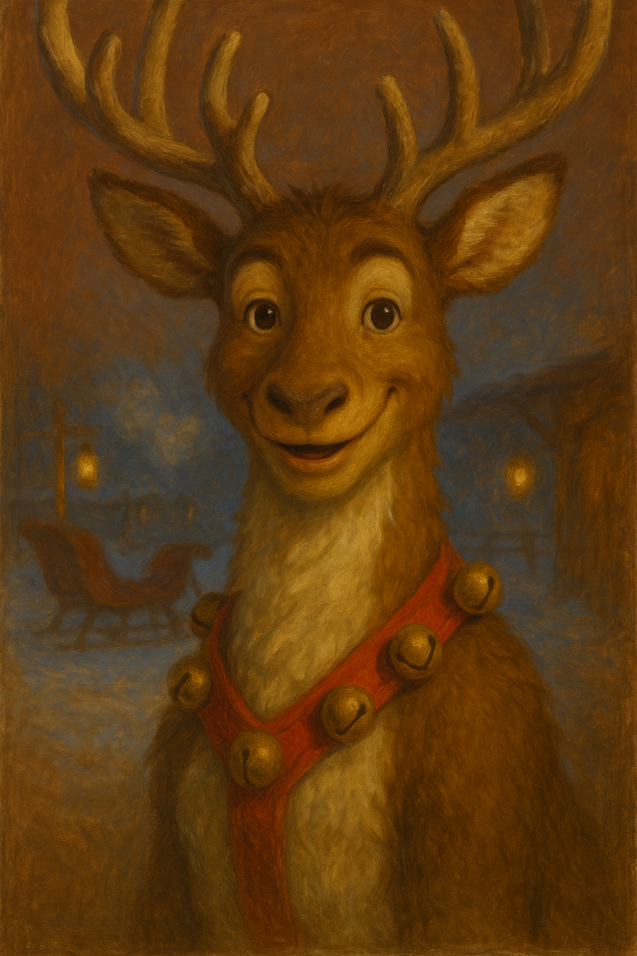 Dasher the Reindeer: original AI portrait. An imagined AI performance, not an authentic recording.