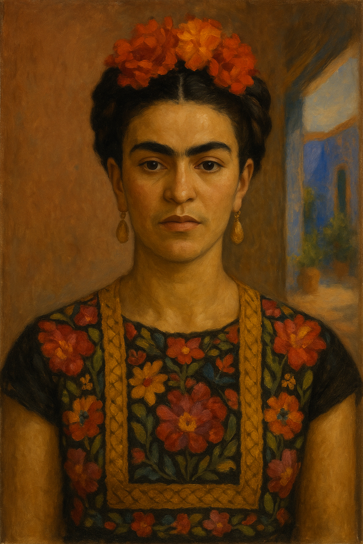 Frida Kahlo: original AI portrait. An AI generated character, not the real person.