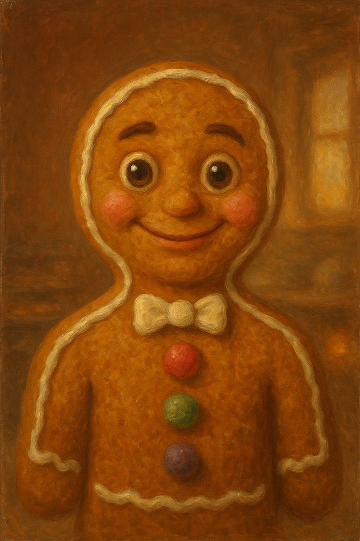 The Gingerbread Man: original AI portrait. An imagined AI performance, not an authentic recording.