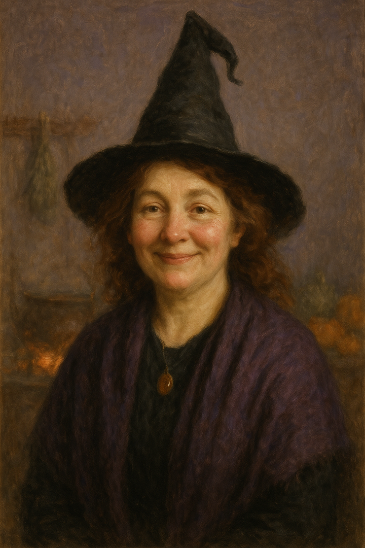 Halloween Witch: original AI portrait. An AI generated character, not the real person.