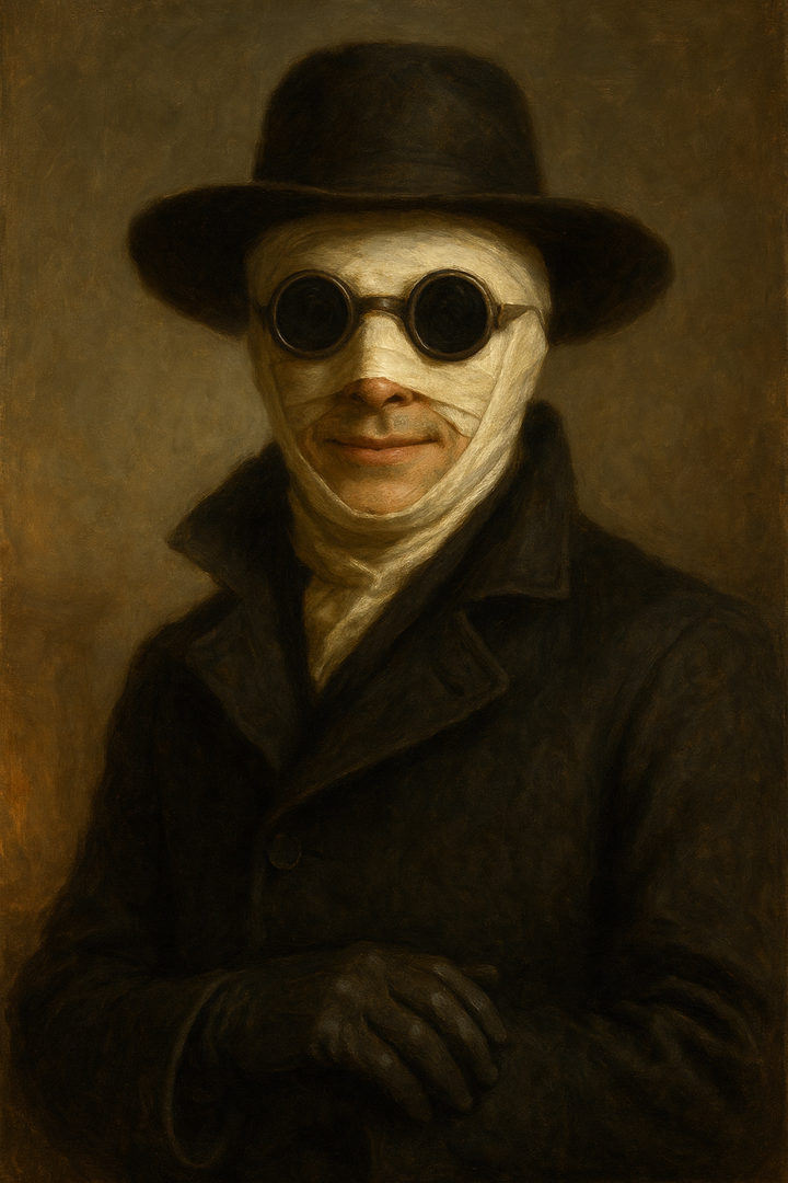 The Invisible Man: original AI portrait. An imagined AI performance, not an authentic recording.