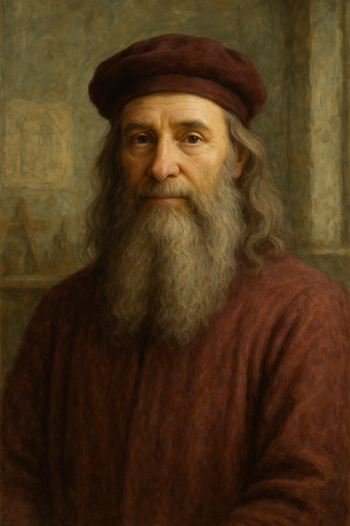 Leonardo da Vinci: original AI portrait. An AI generated character, not the real person.