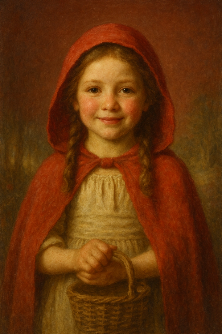 Little Red Riding Hood: original AI portrait. An AI generated character, not the real person.