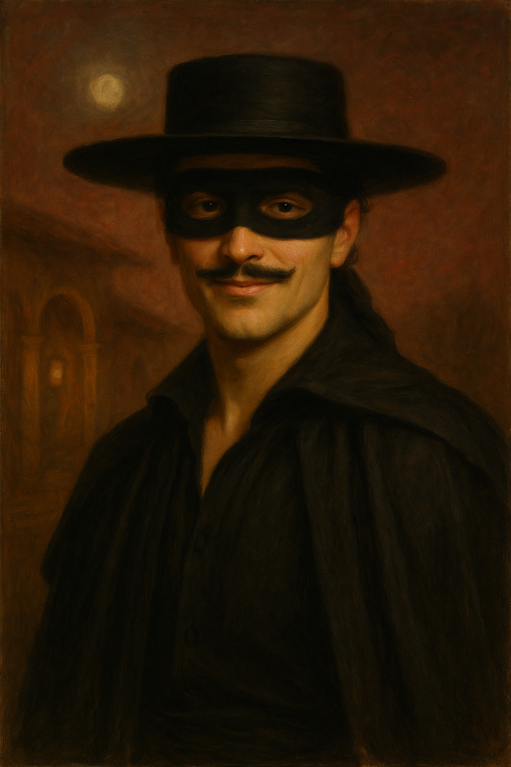 Zorro: original AI portrait. An AI generated character, not the real person.